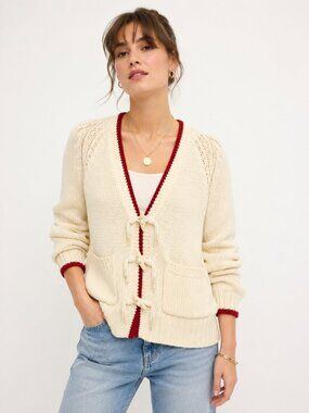Avec Les Filles NWT Ivory Chunky Cotton Toggle Cardigan Rust Trim Pockets XS